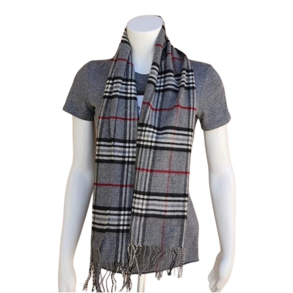 VINTAGE Gray Plaid Nova Check Scarf Wool Cashmere Acrylic V FRAAS GERMANY Mens - Picture 7 of 11